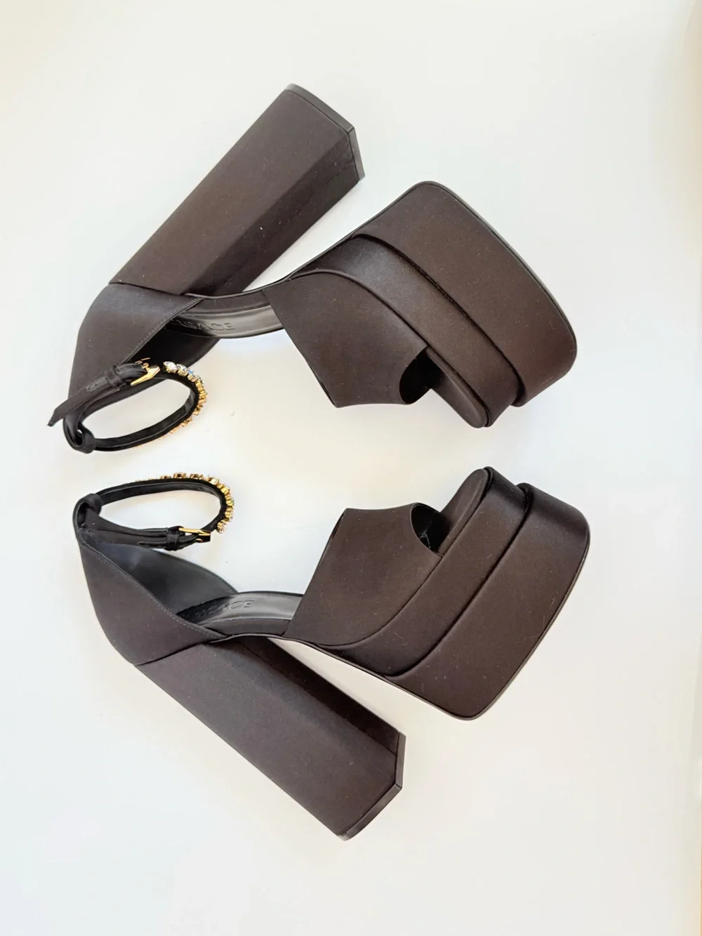 NEW Versace Medusa Crystal Open Toe Platform Sandals Black Satin Block Heels 38